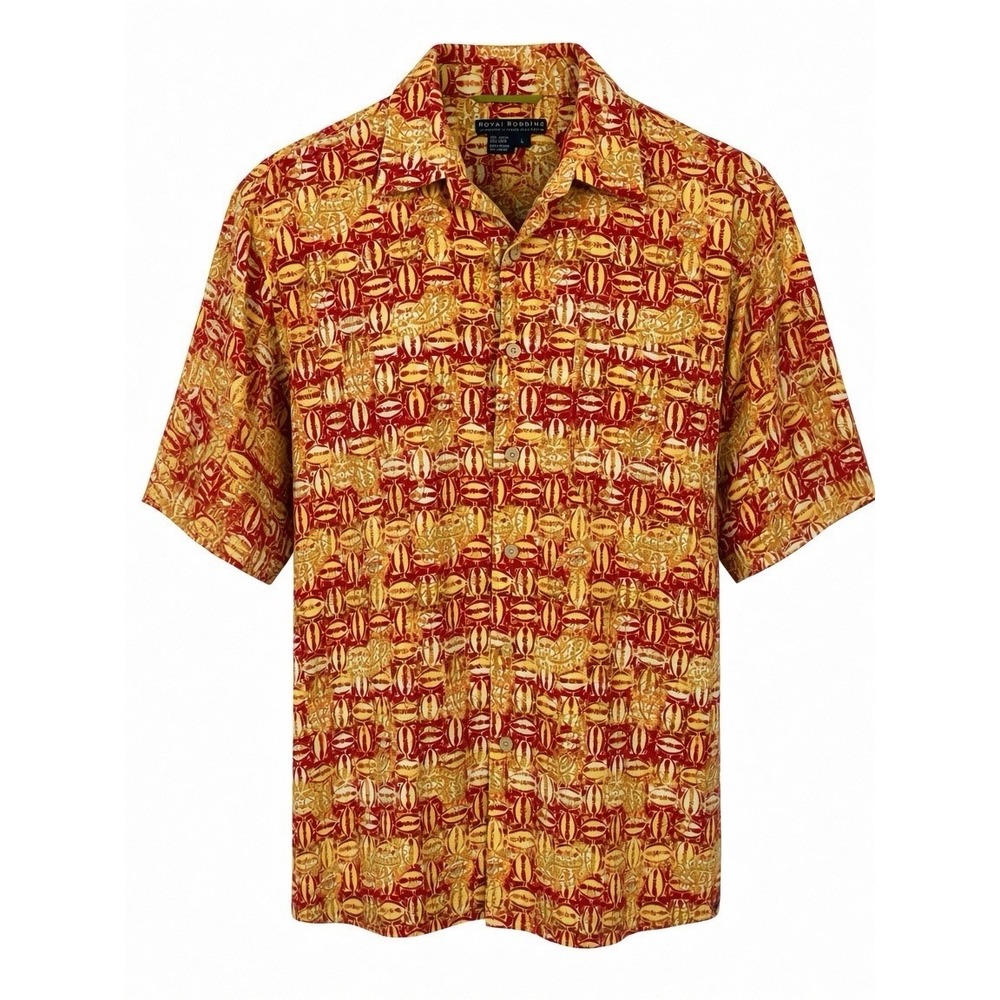 Royal Robbins Hawaiian Shirt Mens Large Yellow Red Paisley Travel Camp Comfort